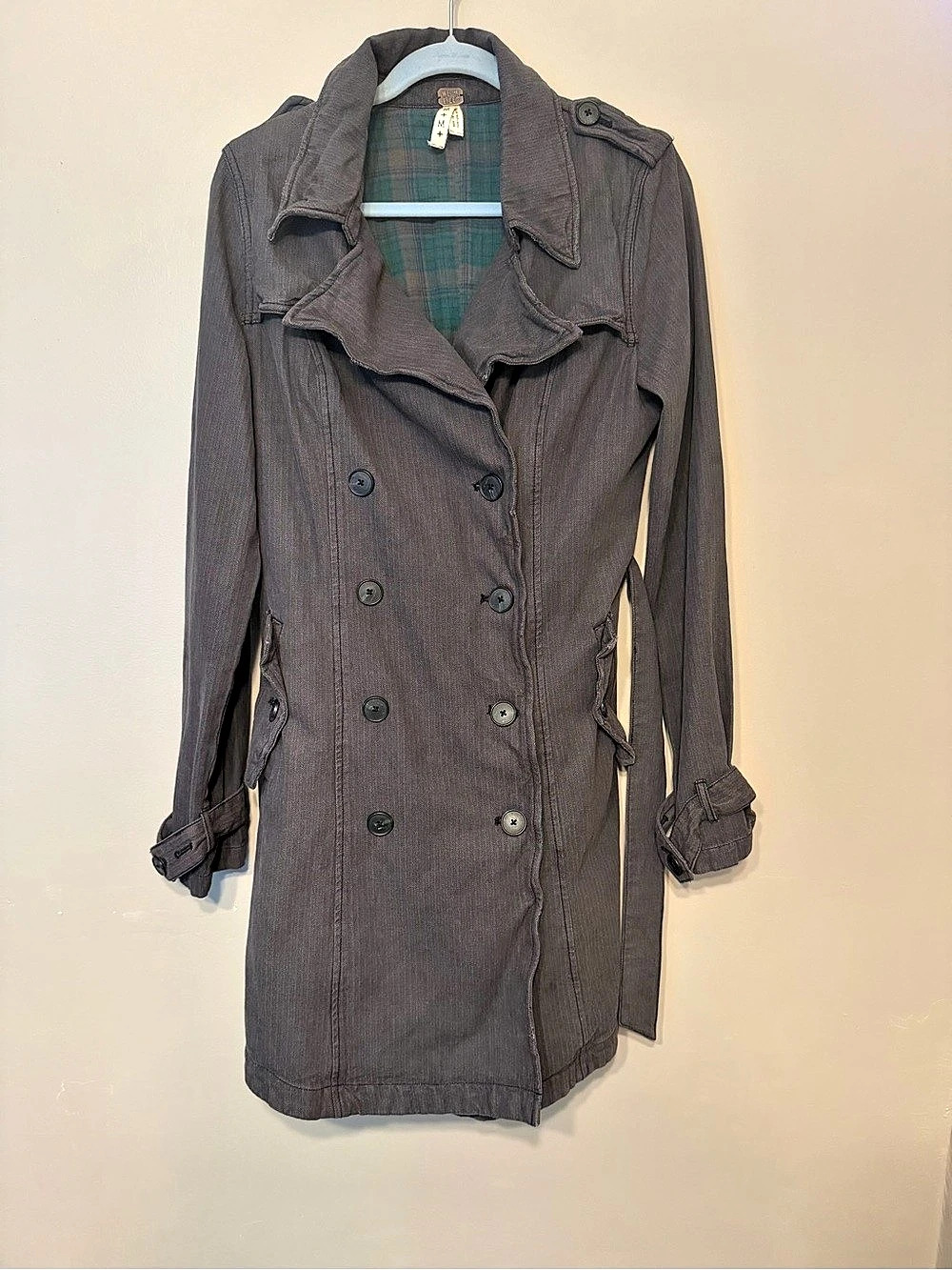 We The Free Grey Double Breasted Belted Trench Coat Plaid Lined Medium
